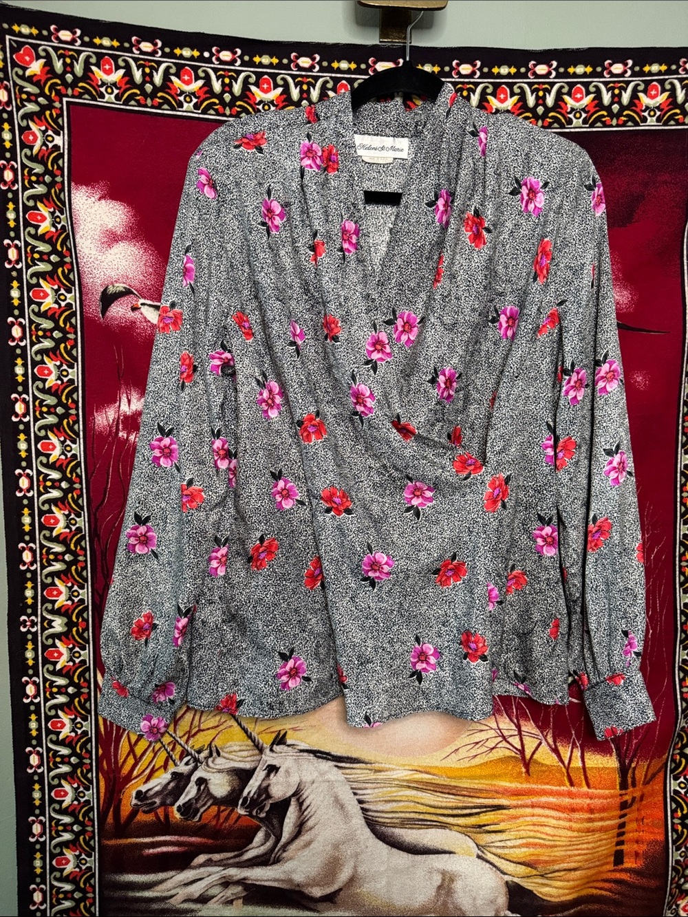 vintage 90s Helene St Marie red + pink rose floral print shirt